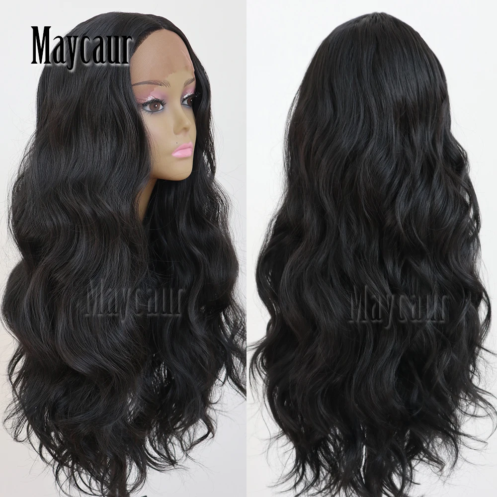 Maycaur Hair Middle Part Long Body Wave Hair Lace Wigs Glueless Black Color Synthetic Lace Front Wigs for Black Women