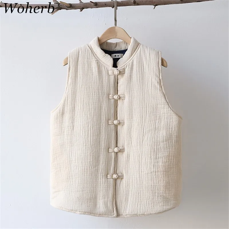 Woherb Winter Cotton Linen Women Parkas Retro Fashion