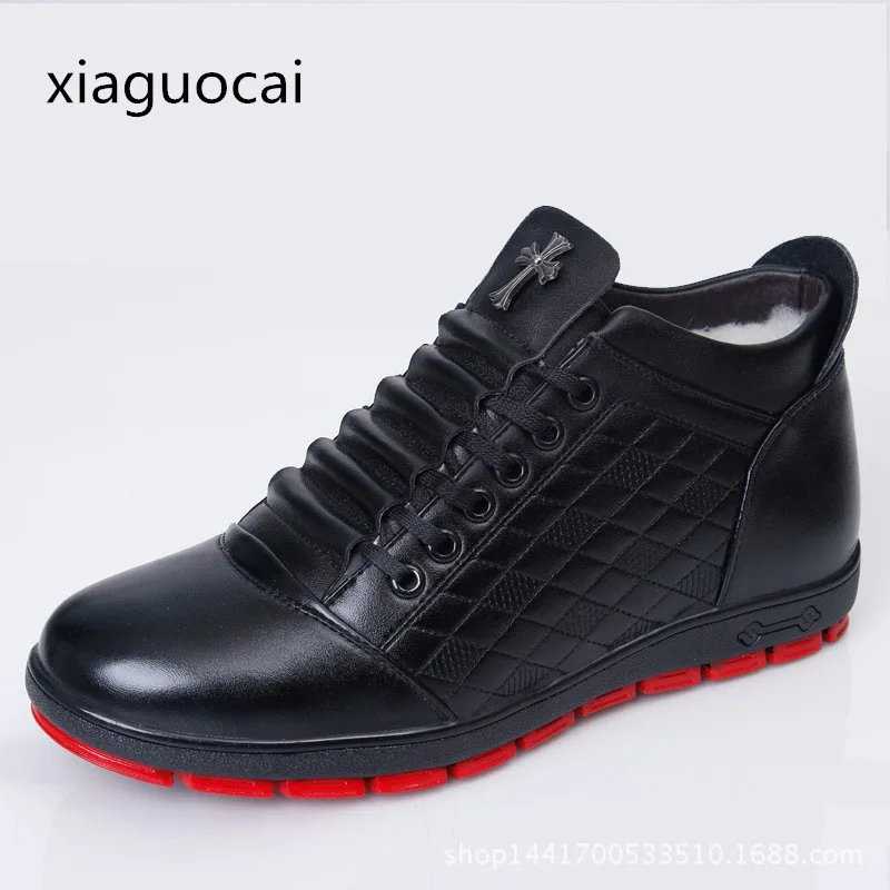 Genuine Leather Winter Men Boots Lace-up Plush Fur Snow Boots for Men Flat Shoes Blue Leather Male Z500 35