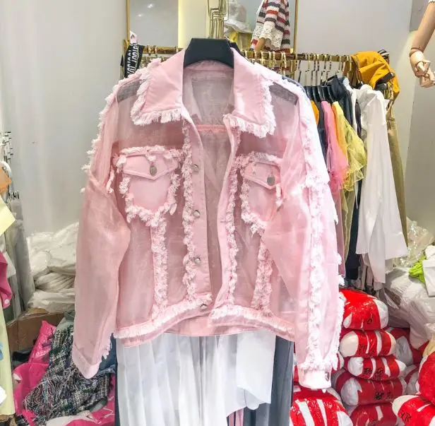 

New Summer Women Candy Color Denim Stitching Fur Mesh Jacket Thin Outwear Female Long Sleeve Sun Protection Shirt Jeans Coat