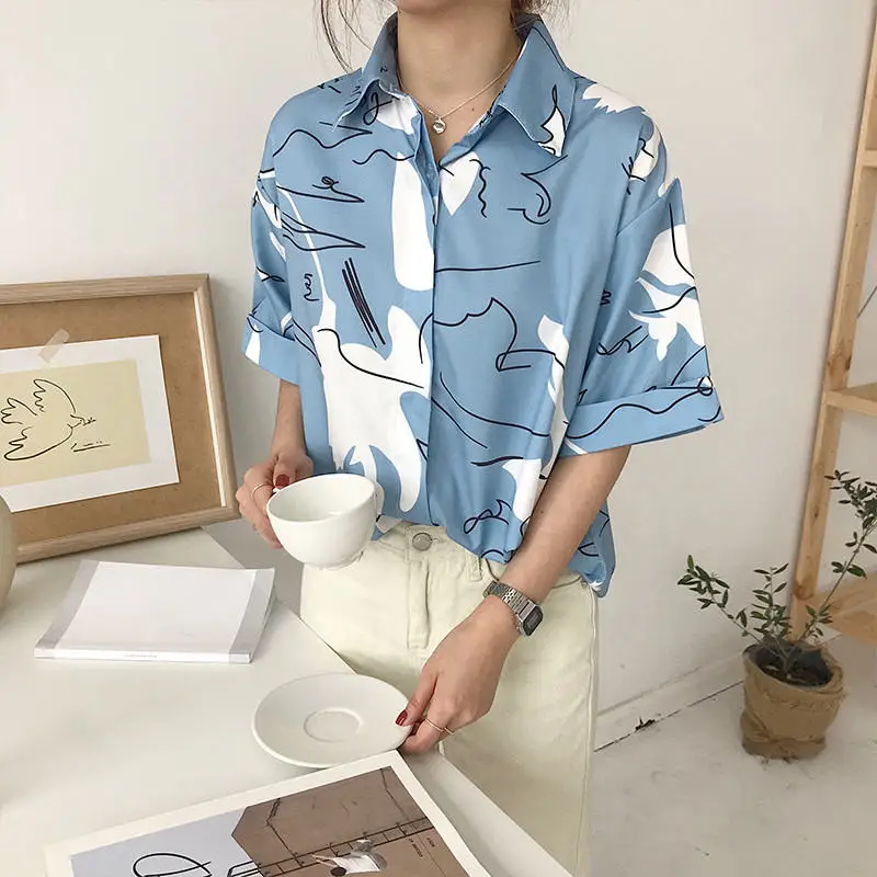 Korobov Harajuku Printing Blouse Korean Causal Shirt 2019 Summer Short Sleeve Turn-down Collar Shirts Woman Blusas Tops 35794