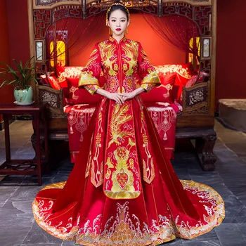 

Ancient Royal Bride Trailing Dress Vintage Women Embroidery Phoenix Qipao Luxury Chinese Style Wedding Cheongsam Suit Vestidos