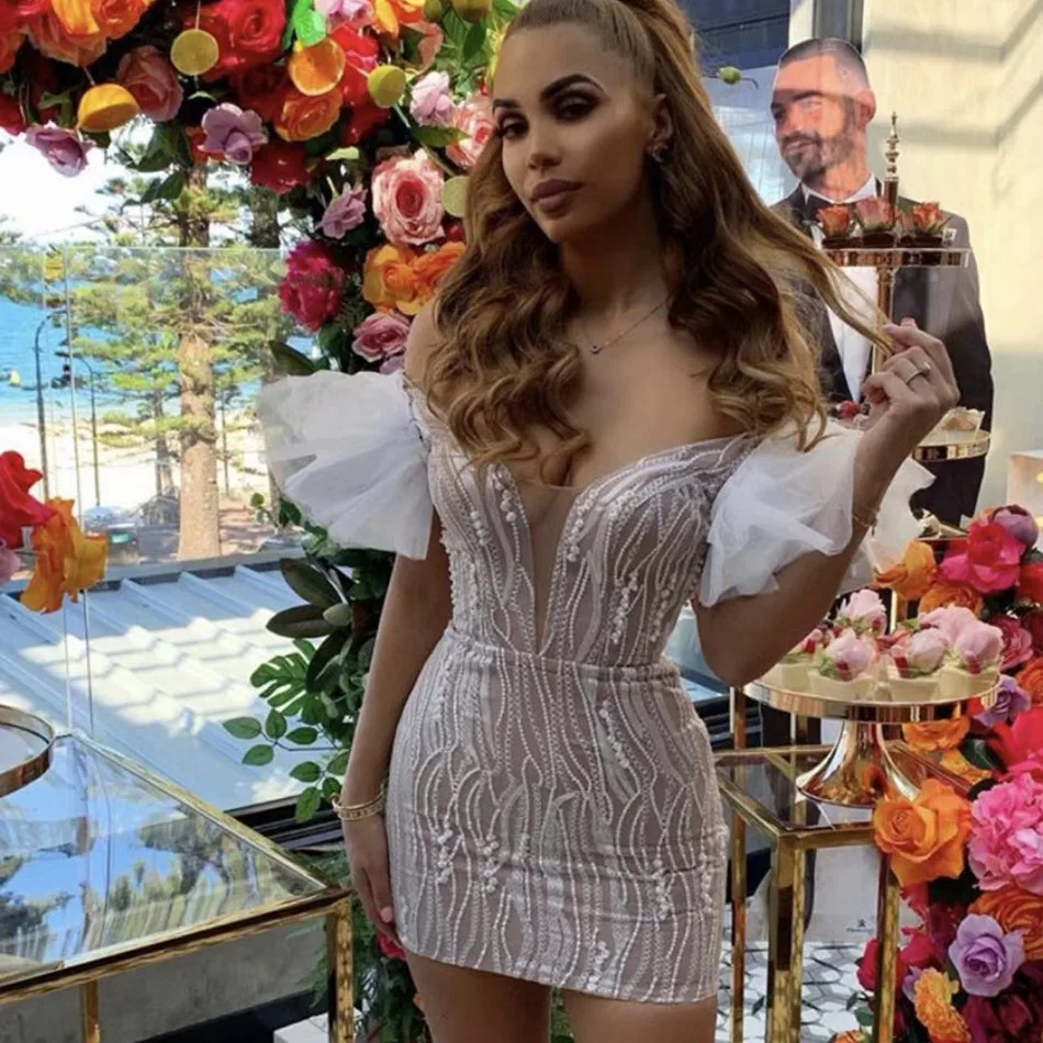 

2019 New Summer Women Dress Celebrity Lace Evening Party Dresses Sexy Club Deep V Neck Dress Vestidos