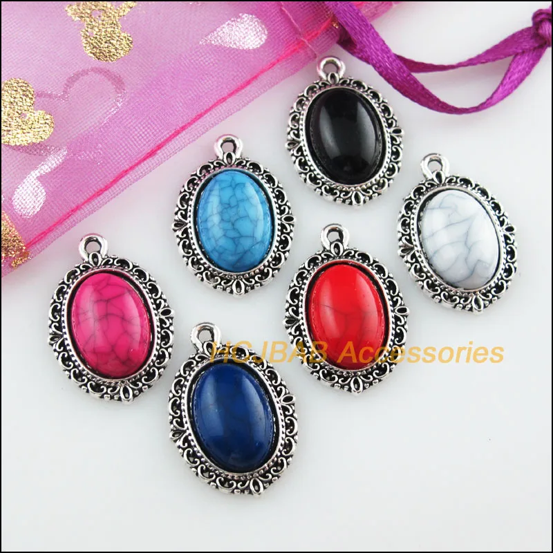 

6 New Oval Mixed Charms Stone Tibetan Silver Tone Pendant 16.5x23mm