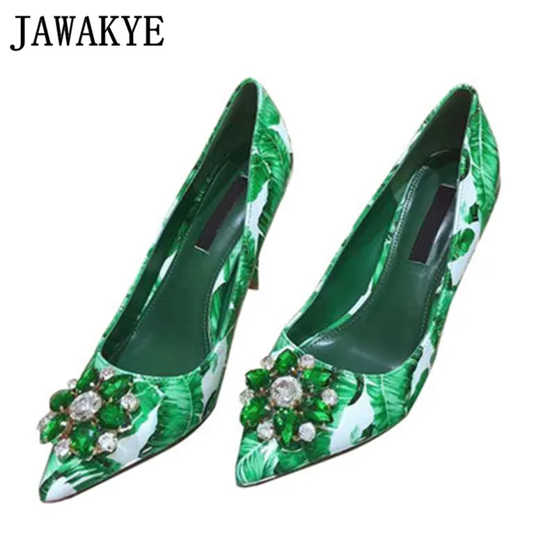 

2019 Retro Printing Rhinestone Pumps Women Pointed Toe Colorful Diamond Crystal High Heels Spring Banquet Wedding Shoes Female