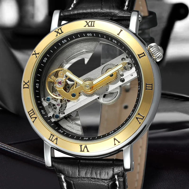 

Forsining Brand Automatic Self Wind Mechanical Watches Mens Stainless Steel Case Leather Skeleton Wristwatches