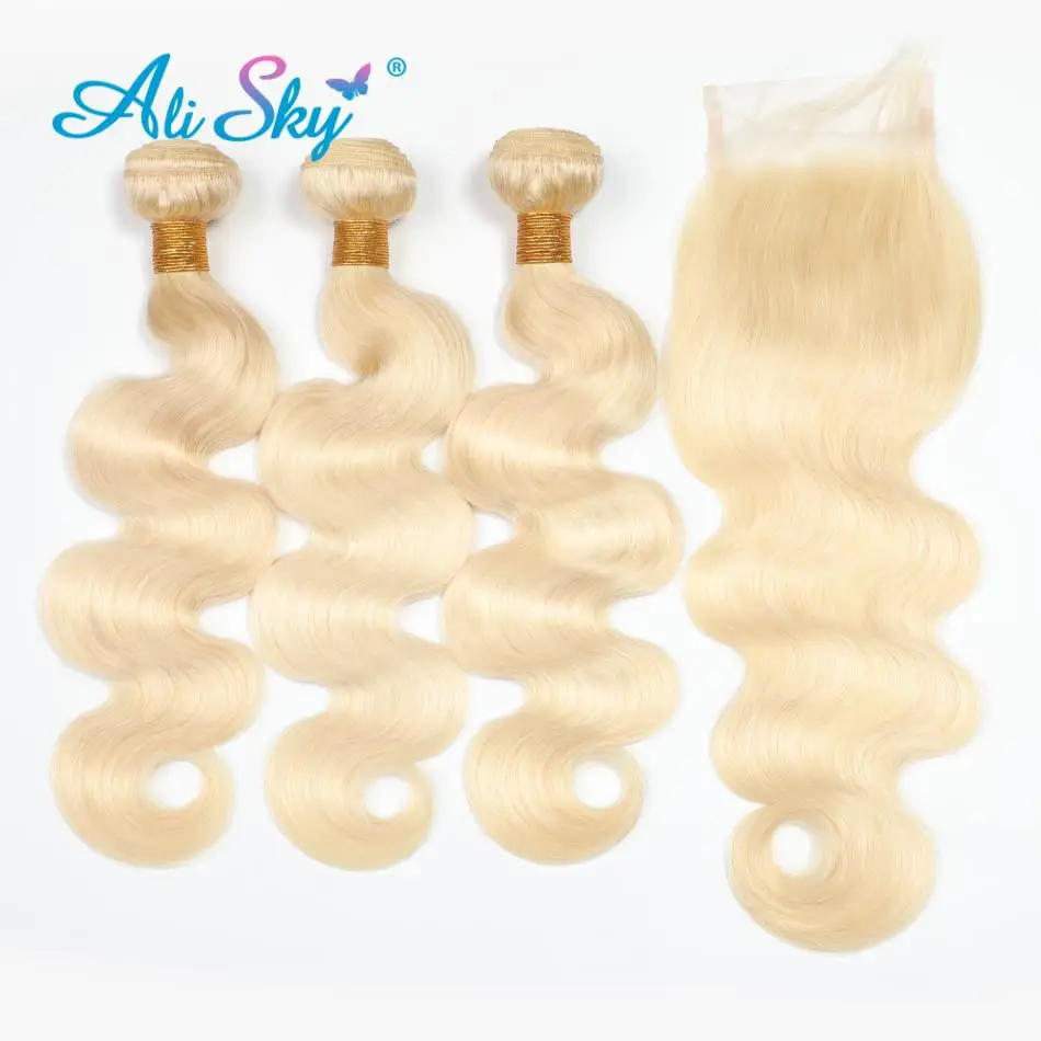

Ali Sky Hair Brazilian Body Wave Hair Human Hair Extensions 10-24 Inch 613 Blonde Remy Hair Weaving 3 Bundles With Lace Closure