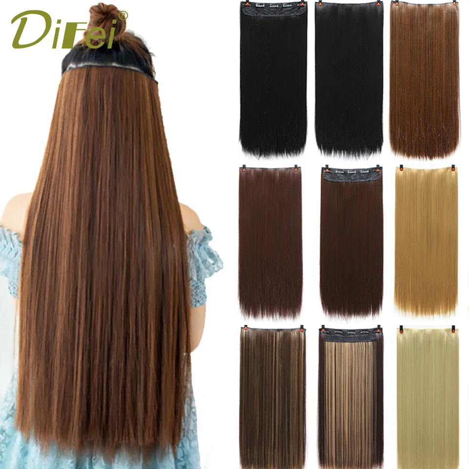 

DIFEI 5 Clips in Hair Extensions Silky Straight 24 Inch Synthetic Fake False Hair Piece Clips on Hairpieces for Women 36 Colors