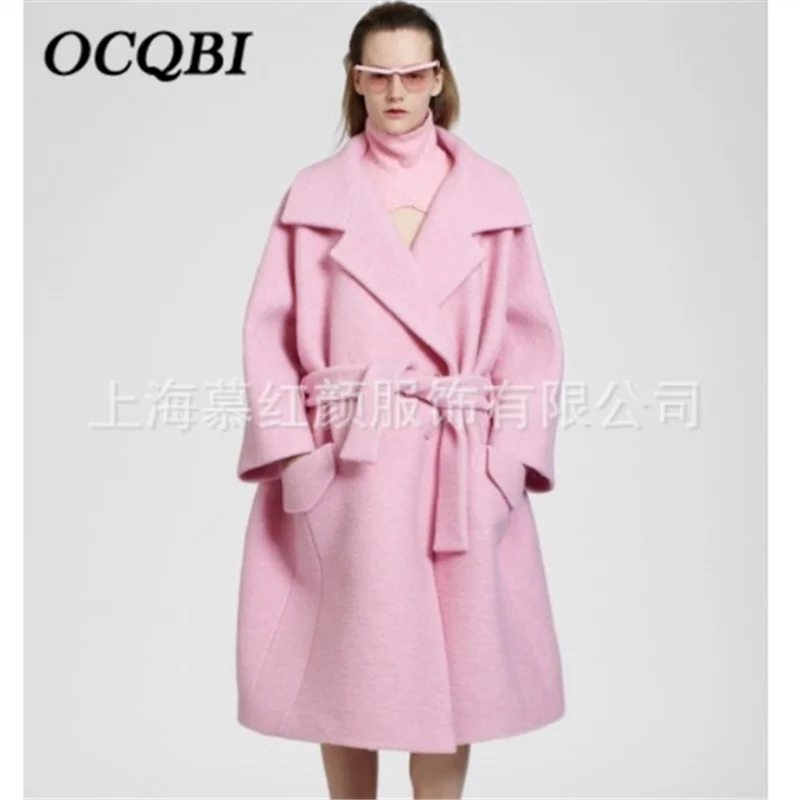 

Plus Size Loose Elegant Woolen Coat Pink Fashion Streetwear Women Clothing Ladies Coat 2019