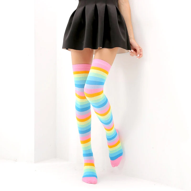 Европейский и американский тренд, радужные полосы, длинный абзац, большой размер, длинные тонкие женские носки выше колена - Цвет: Pink iridescent