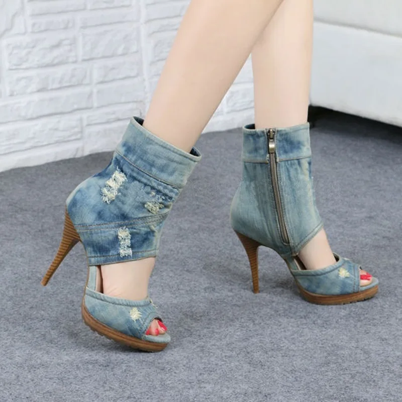 Women Summer Denim Cut Out Peep Toe Sandal Boots High Heel Platform ...