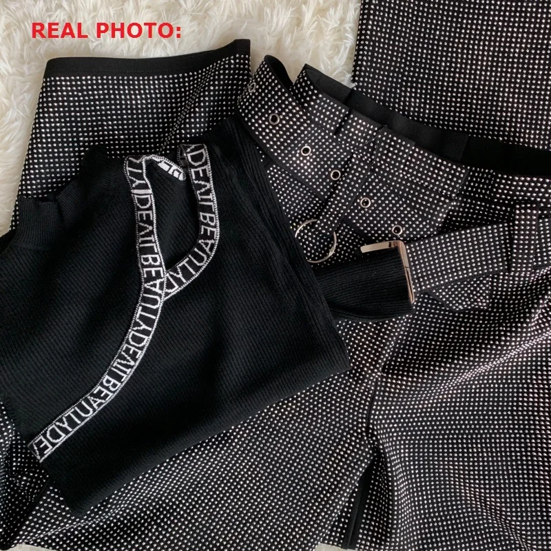 Женский черный сексуальный облегающий вязаный свитер с вырезами, топы с буквами+ Шикарные Длинные штаны с широкими штанинами, костюмы, комплект из 2 предметов, новинка весны