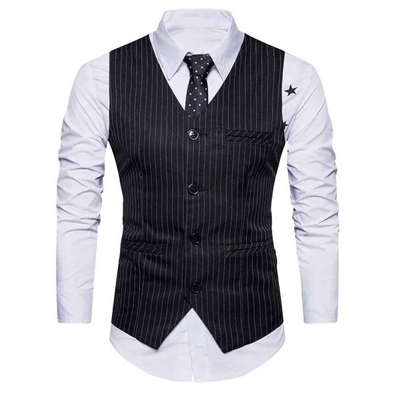 

Classic V Neck Sleeveless Waistcoat Men 2018 Spring New Vertical Striped Suit Vest Mens Slim Fit Wedding Business Brand Vests