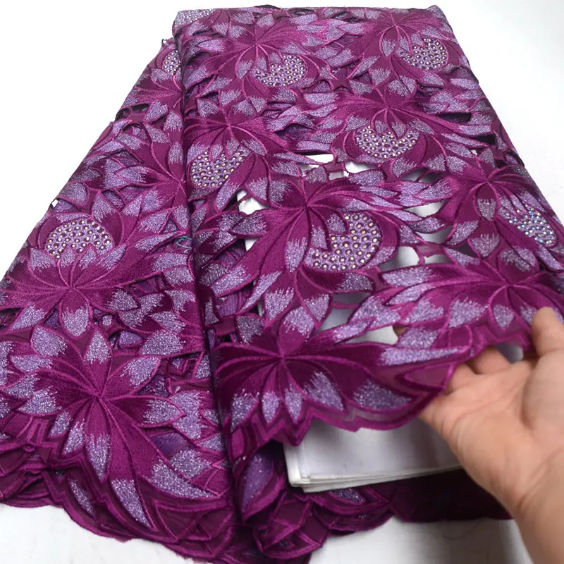 

Hot selling Cutout Holes Beaded Handcut organza Lace African Swiss lace voile fabric with stones high quality 5 yards/PC DS954