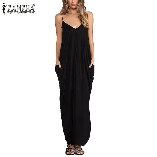 Zanzea Fashion Vestidos 2018 Summer Women Sexy V Neck Sleeveless Beach Dresses Ladies Casual Loose Long Maxi Dress Plus Size 1