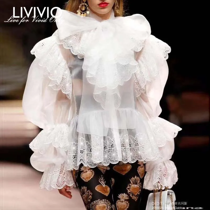 

[LIVIVIO] Embroidery Flower Ruffles Long Lantern Sleeve Bow Collar Sheer Shirt Women Blouse Lace Hem Tops Female 2019 Spring New