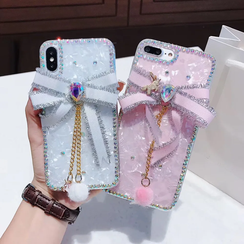

Fancy Rhinestone bow crystal stones fur pompom tassel shell phone case cover For Huawei P8 P9 P10 P20 Lite Plus mate 10 pro 2017