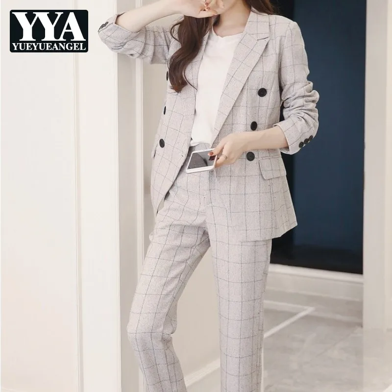 

Business Office Ladies Sets Pants And Jackets 2 Pieces Set Women's Slim Fit Blazer 2019 New Vintage Fashion Plaid Suits Clothes