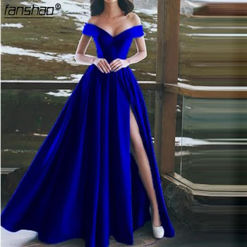 

Royal Blue Evening Dress Sweetheart Satin Boat Neck Evening Gowns Long Party Gowns Side Split Robe De Soiree Sexy Formal Dresses