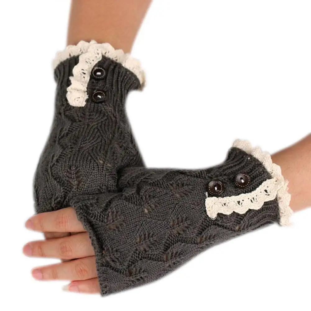 

None Women Girls Christmas Half Finger Gloves Leaf Lace Button Warm Knitted Woolen Gloves