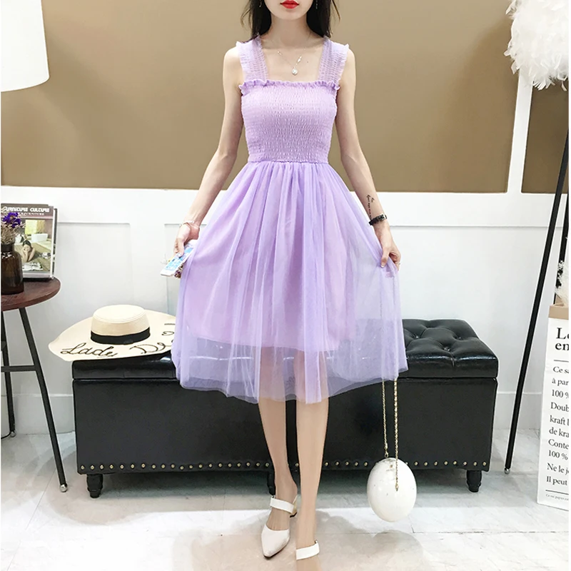 

Summer New Sweet Girls Dress Wooden Ear Spaghetti Strap Women Dress High Waist Sleeveless Student Dress Cute Chic Mesh Dress