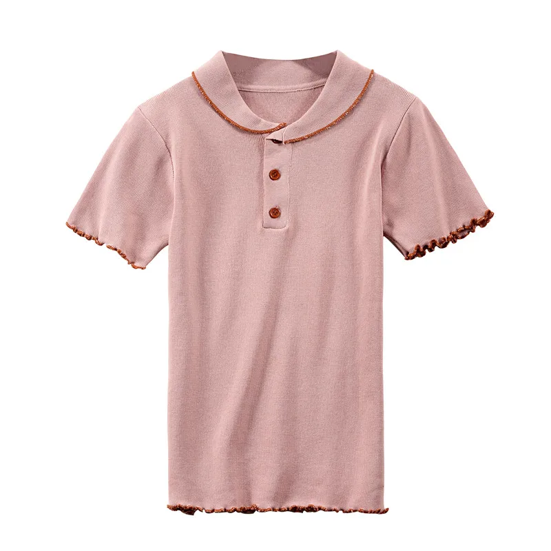 

Summer Women Short Sleeve Knitted Slim T Shirts Girls Solid Stretchy Knitting Basic Tops Female Buttons Tees