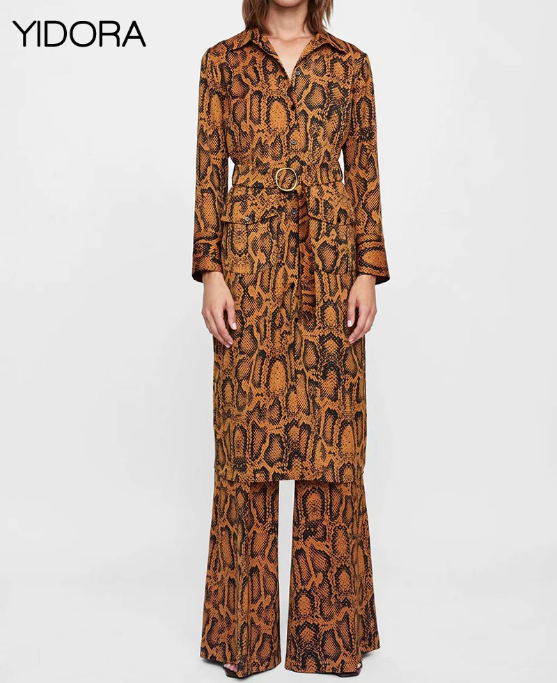 

New Snakeskin Print Midi Tunic Shirtdress Feature Matching Waist Tie Belt & Front Pockets - Lady Animal Print Button Front Dress