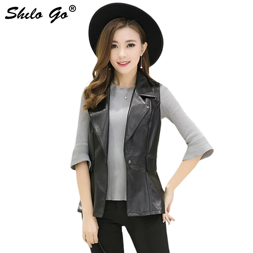 

Fashion Street Women Lapel black sleeveless single button formal office Sheepskin Genuine Leather Short Consice Vest
