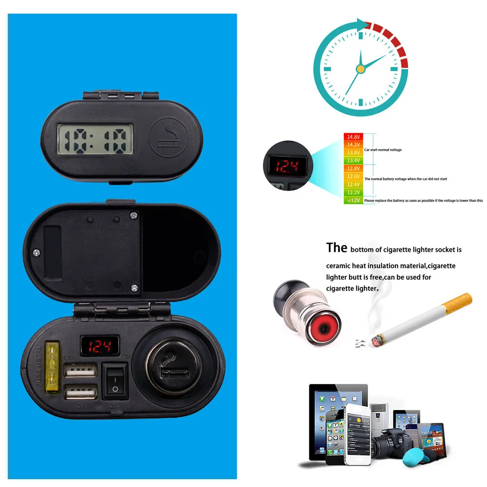Новые многофункциональные часы Четыре в одном автомобильного прикуривателя двойной USB Автомобильное зарядное устройство