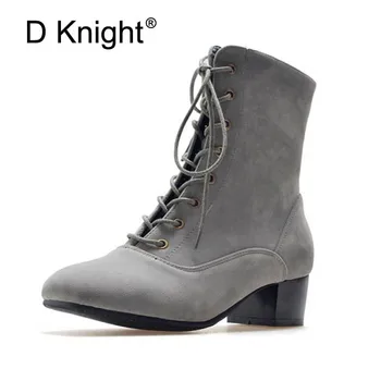 

2018 Winter Women Ankle Boots New Autumn Flock High Heel Shoes Women Thick Heel Black Lace up Female Shoes Big Size 34-43 Boots