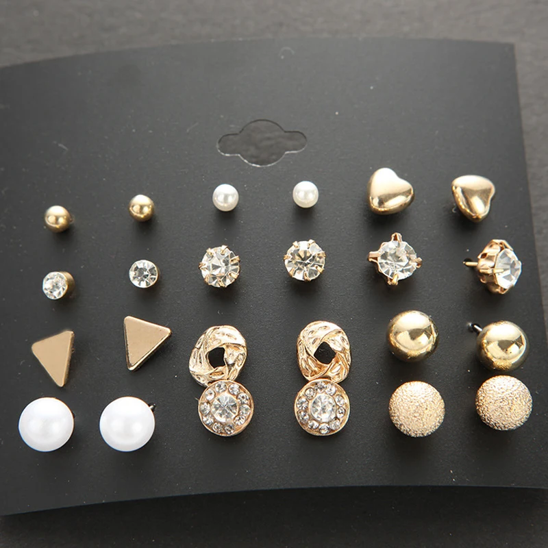 

12Pairs/1Set Fashion Earrings Stud Ear Pearl Stud Earings Fashion Jewelry Small Earrings Set for Women Mix Multi-shapes Ear Stud