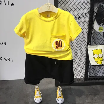

2pcs boys casual summer clothing set kids yellow letter printed t shirt and black harem short set baby clothes 2-7 years