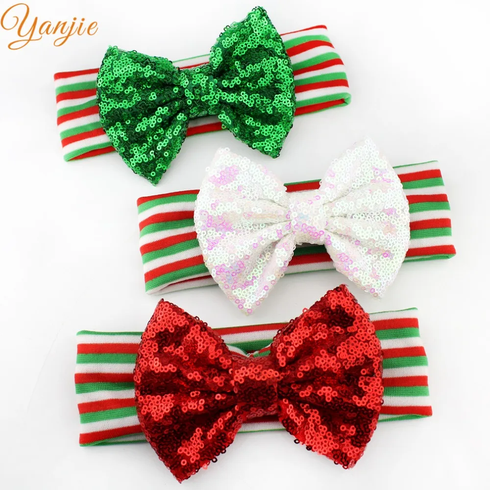 

9pcs/lot 2019 New Arrival Christmas Striped Headband 5" Sequins Bows Festival Girl DIY Hair Accessories Party Headwear Boutique
