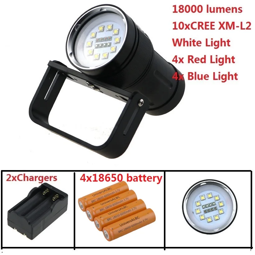 10xCREE XM-L2 White Light +4x Red Light+4x Blue Light LED Underwater Video Diving Flashlight Lamp For Hunt+18650 Battery+Charger