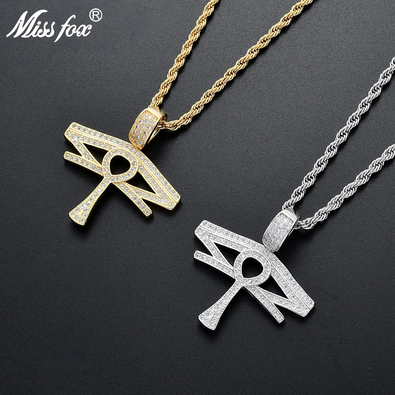 Missfox Hip Hop Iced Out Evil Eye Anka Cross Pendant Necklace Gold Silver Color Cz Zircon High Quality For Men Jewelry Gifts | Украшения и