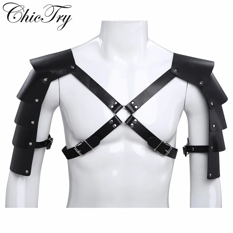 

Fashion Male Mens Lingerie Faux Leather Adjustable Body Chest Harness Bondage Cosplay Party Costume with Shoulder Armors Buckles