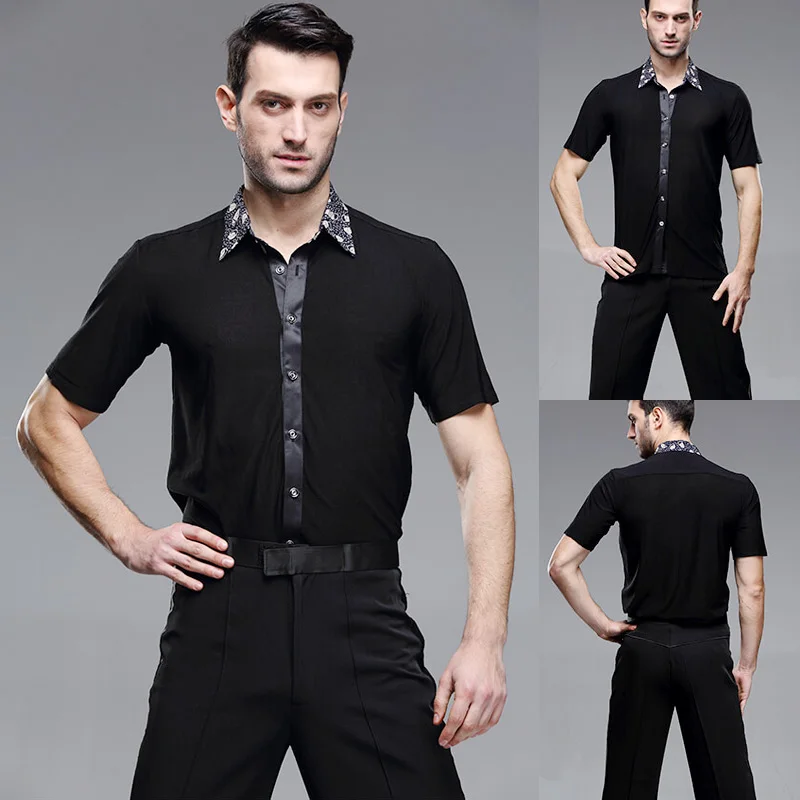 

2018 New Men Latin Dance Shirts Long Sleeve Competition Performance Wear Comfortable Printing Black Ballroom Samba Chacha