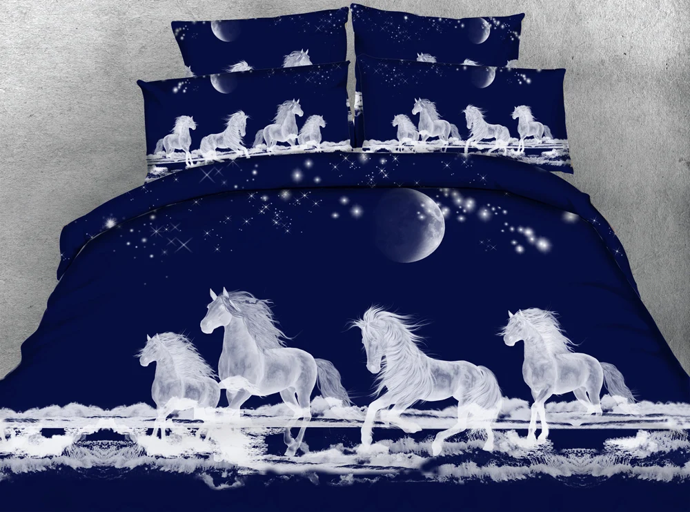 Jf 009 Dark Blue Fabric With Horse Print 3d Hd Bed Set Cal King