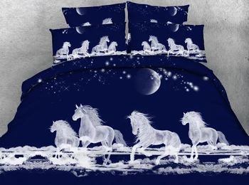 

JF-009 Dark Blue fabric with horse print 3D HD bed set Cal King size duvet cover