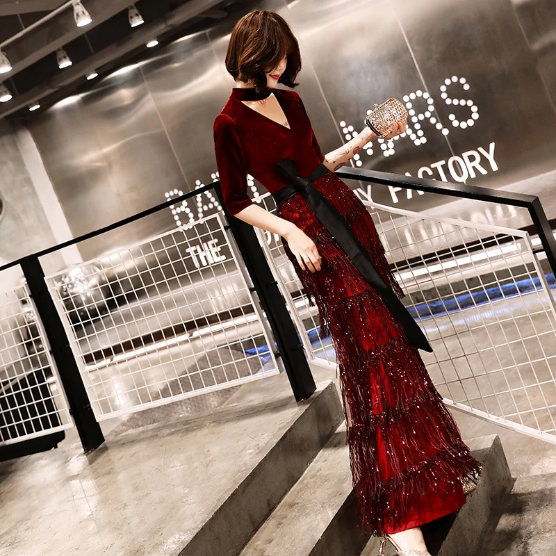 2019 New Velvet Evening Dresses Long Mermaid Wine Red Formal Dress Sequined Abendkleider Women robe de soiree longue LYFY77 2019 New Velvet Evening Dresses Long Mermaid Wine Red Formal Dress Sequined Abendkleider Women robe de soiree longue LYFY77