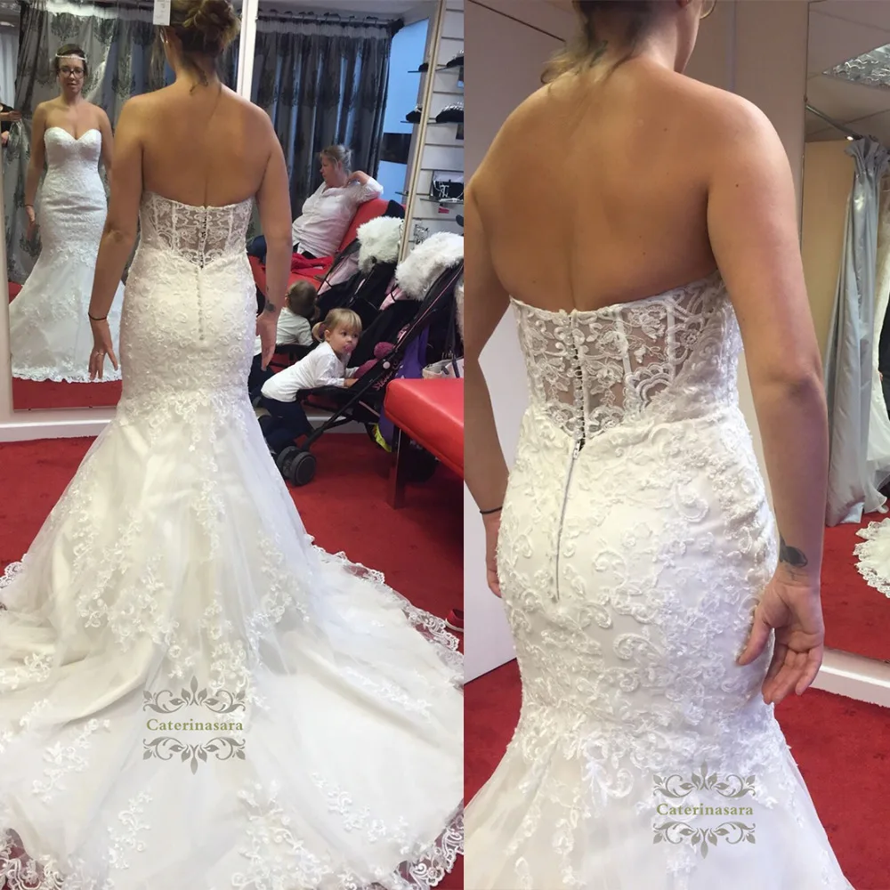 

Mermaid / Trumpet Wedding Dresses Sweetheart Neckline Chapel Train Lace Over Tulle Bride Gowns with Appliques for Girls / Womens