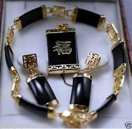 

Hot sale new Style >>>>>vogue set black jade bracelet earring pendant/necklace