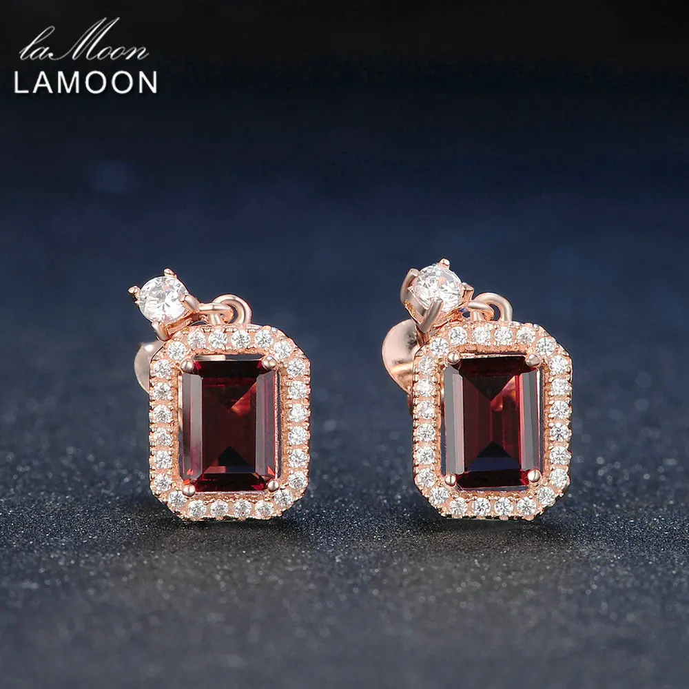 LAMOON Crystal Drop Earrings For Women Classic 1.1ct 100% Natural Red Garnet 925 Sterling Silver S925 Fine Jewelry LMEI025