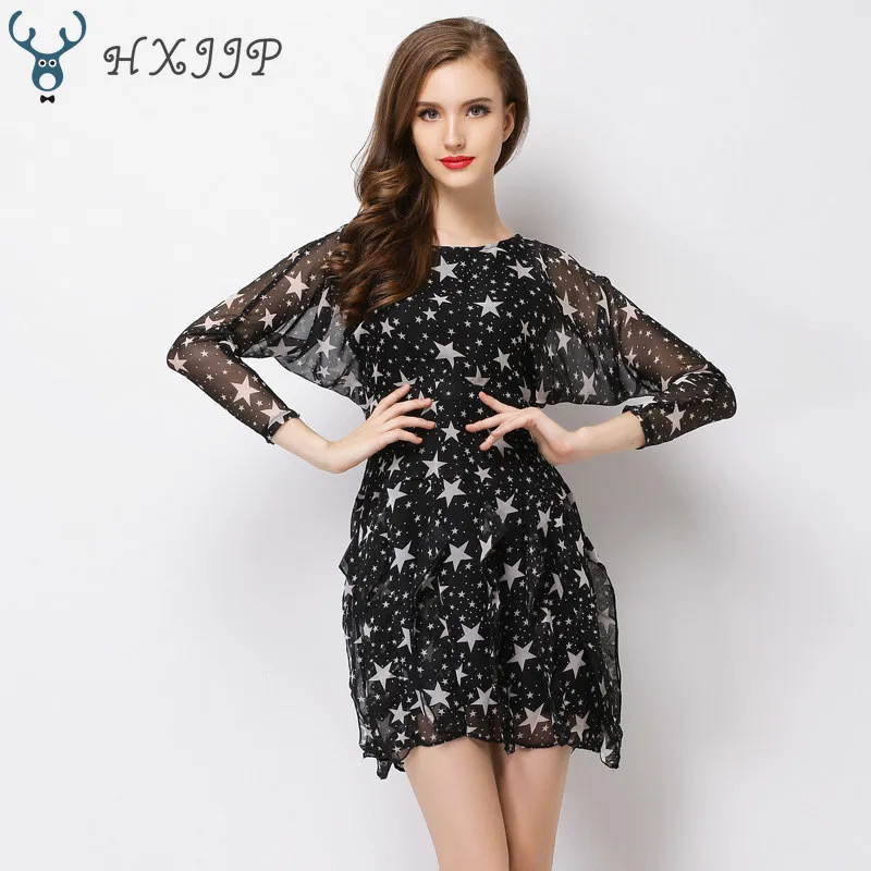 

Spring New Slimming Temperament Chiffon Dress Waist Print Bat Cuff Women's Three Quarter Batwing Sleeve O-Neck Dress