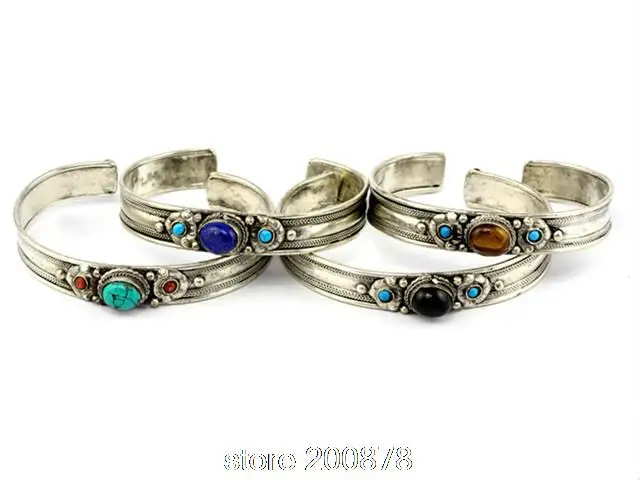 BB-029 Tibetan silver inlaid Natural Stone Bangle Nepal vintage Open Cuff Amethystine Moonstone BB-029 Tibetan silver inlaid Natural Stone Bangle Nepal vintage Open Cuff Amethystine Moonstone