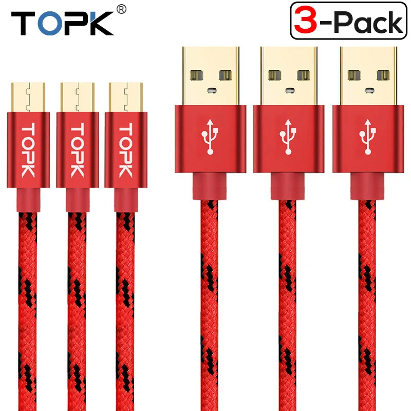 TOPK [3-Pack] Micro USB кабель 2A Быстрая зарядка мобильный телефон кабель синхронизации данных для Xiaomi Redmi 4X samsung Galaxy S7 Кабель зарядного устройства