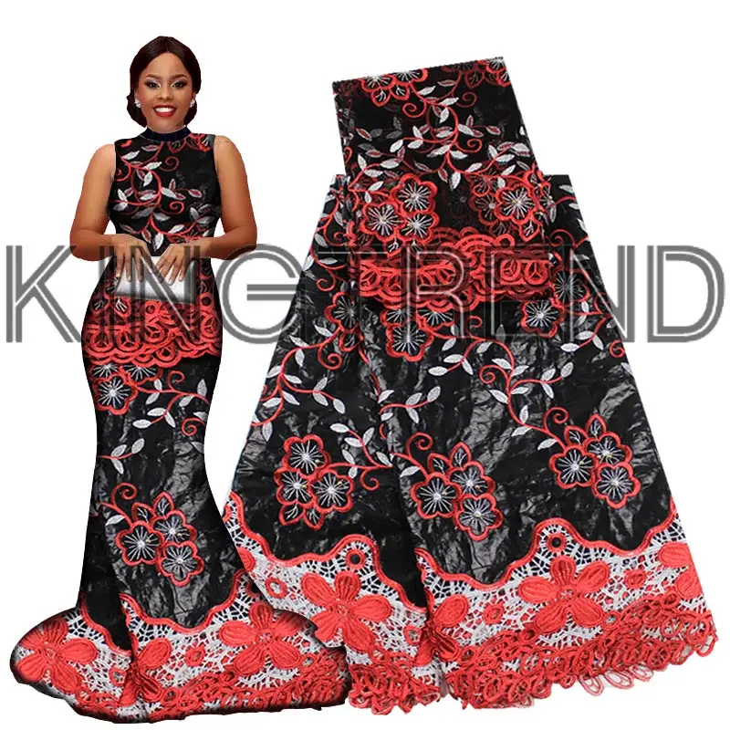 

African Bazin riche fabric embroidered high quality 2017 Bazin riche getzner 5 yards + 2 yards net lace with guipure lace fabric