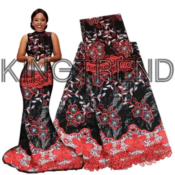 

African Bazin riche fabric embroidered high quality 2017 Bazin riche getzner 5 yards + 2 yards net lace with guipure lace fabric