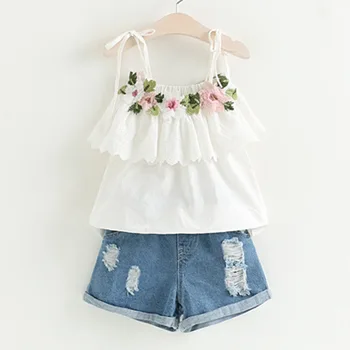 

2019 Summer Girls Clothing Set Baby Girls Clothes White Flower T-shirt + Denim Shorts Kids Clothes Outfits