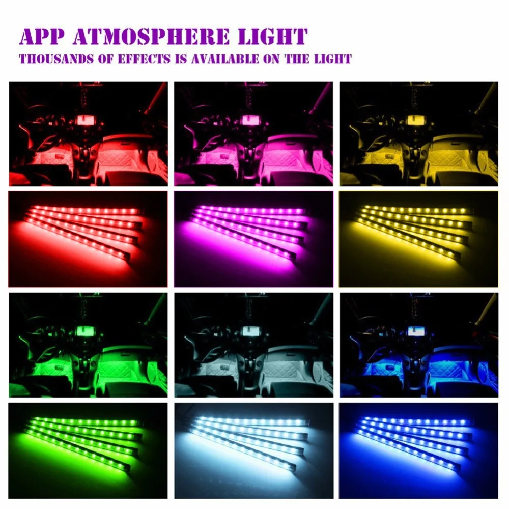 4 шт. 9/18 светодиодный светильник для салона автомобиля Bluetooth APP с дистанционным управлением, музыкальный голосовой контроль, автоматический светодиодный светильник, светодиодный светильник, RGB светодиодный светильник